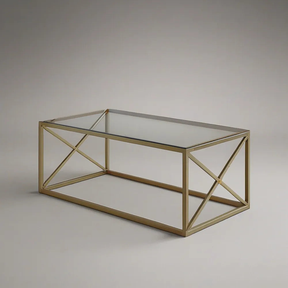 Obdélníkový konferenční stolek 120 × 60 × 45 cm z tvrzeného skla a oceli, čirý/zlatý
