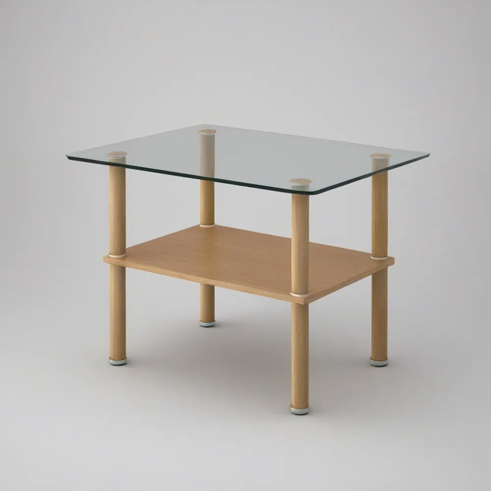Obdélníkový konferenční stolek se skleněnou deskou a policí, přírodní buk, 100 × 60 × 45 cm