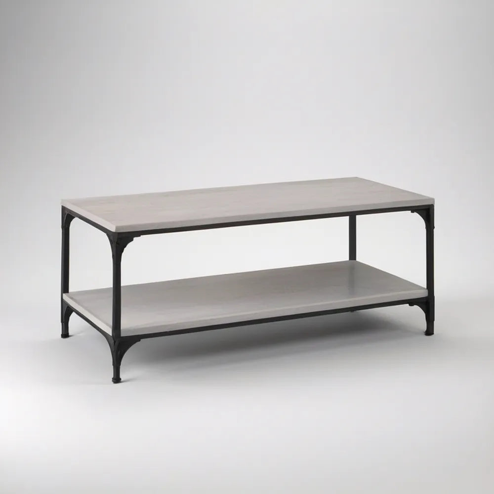 Obdélníkový konferenční stolek s policí z MDF a oceli, světle šedý/černý, 100 × 60 × 45 cm
